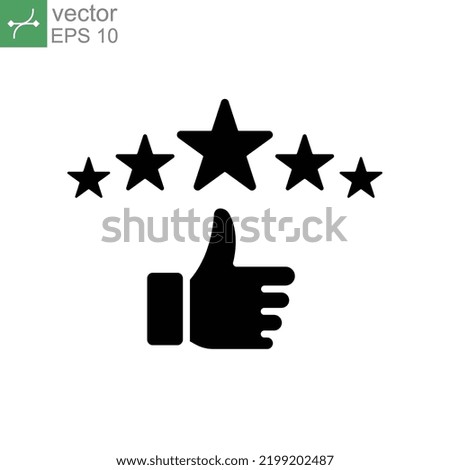ustomer review icon, quality rating, feedback, five stars glyph symbol. People hand and vote status. Reputation good survey for Rate business. Vector illustration design on white background. EPS 10