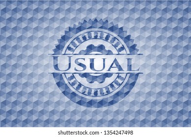 Usual blue emblem with geometric background.
