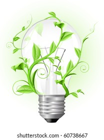 Usual light bulb twisted with green plant