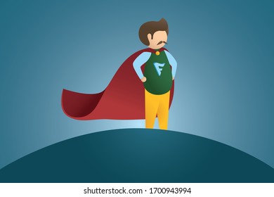 Usual man with red cape as super Hero on blue background. Happy Father's day greeting card. Modern vector in flat minimalistic style. Super Dad Super Hero. 