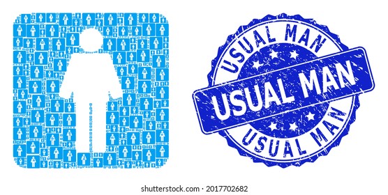 Sello de sellado circular de goma de hombre común y hombre de mosaico recursivo vectorial. El sello azul tiene el texto del manual habitual dentro de la forma redonda. El mosaico vectorial se compone de elementos de comando man de repetición.