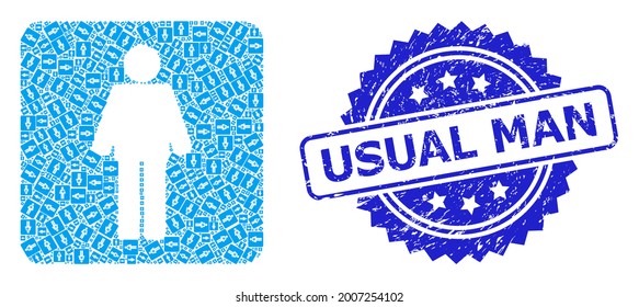 Usual Man rubber stamp and vector recursive collage man. Blue stamp has Usual Man tag inside rosette. Vector collage is done of recursive rotated man items.