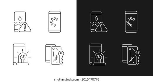 Usual mobile phone problems linear icons set for dark and light mode. Connection issue. Scratched case. Customizable thin line symbols. Isolated vector outline illustrations. Editable stroke