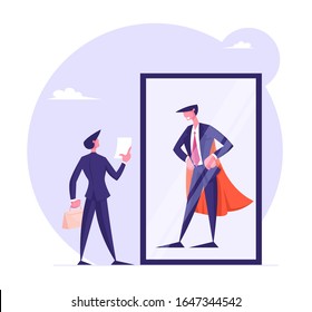 Usual Office Manager Look at Mirror with Reflection of himself as Successful Business Man in Super Hero Cape. Employee Dream to Become Wealthy Businessman Concept. Cartoon Flat Vector Illustration