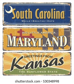 US.Vintage tin sign collection with America state. All States. Retro souvenirs or old paper postcard templates on rust background. States of America. South Carolina. Maryland. Kansas.