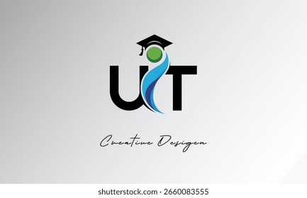 UT Creative Letter Logo with Graduation Cap and Abstract Human – Modern Education and Learning Symbol Design