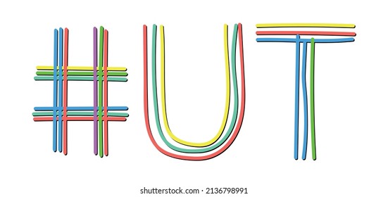 UT Hashtag. Isolate doodle lettering text from multi-colored curved neon lines like from a felt-tip pen, pensil. #UT is abbreviation for the US America state Utah for banner, social network, t-shirts