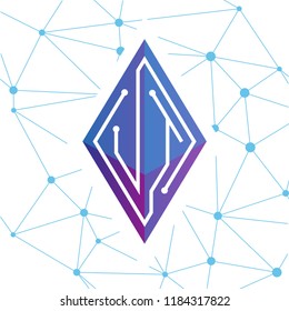 UT Initial letter block chain logo icon vector template. Looping mono line circuit letter on rhombus cube logo