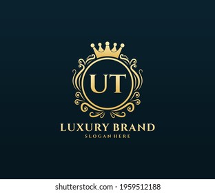 UT Initial Letter, Gold text with feminine floral hand drawn heraldic monogram, Antique vintage style luxury logo design.