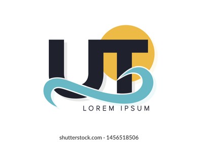 UT letter logo with ocean waves and sunset. Beach concept design