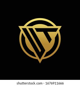 UT logo monogram with triangle shape and circle rounded style isolated on gold colors and black background design template