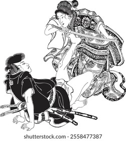 Utagawa Kuniyoshi’s Genji Cloud Ukiyo Painting, Ukifune, Akahori Mizuemon depicts Ukifune’s elegance and Mizuemon’s strength. Precise brushwork and vivid colors enhance their emotions and story.