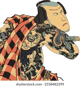 Utagawa Toyokuni’s Kawarasaki Gonjuro depicts the Kabuki actor known for male roles. Detailed expressions and costumes highlight Gonjuro’s stage presence and Edo-Meiji Kabuki’s popularity.