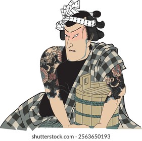 Utagawa Kunichika's "Sushiya no Gonta" depicts Kabuki actor Ichikawa Kyuzo playing Gonta in Yoshitsune Senbonzakura. Gonta, a retainer of Tomomori, runs a sushi shop to secretly serve Yoshitsune. Kuni