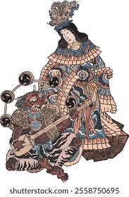 Utagawa Kunisada's "Benzaiten Raijin" depicts Benzaiten's grace and Raijin's power. Elegant poses, vivid colors, and natural backdrops highlight their divine contrast and majesty. 