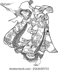 Utagawa Kuniyoshi's "Honcho 44 Years Old, Chise no Hime" depicts the loyal female character Chise-no-hime from the Kabuki play. Her calm, strong expression and luxurious costumes reflect loyalty and f