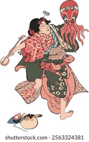 Utagawa Kuniyoshi's "The Second Great Five Changes' Office Sakuji no Uchi" depicts Kabuki actor Onoue Tamizou. Luxurious costumes, powerful poses, and vivid colors highlight his acting skills and prid