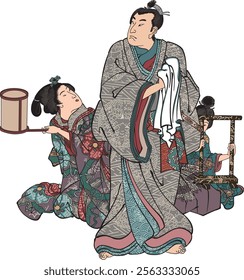 Utagawa Kuniyoshi's ukiyo-e "Hyakunin Isshu: Taira no Kuni Kiyomori" portrays Taira no Kiyomori, emphasizing his strength and political skill. The artwork combines the poetic Hyakunin Isshu theme with