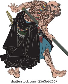 Utagawa Kuniyoshi's ukiyo-e Japanese monk Zeng Zhishen'' is a work depicting the heroic monk Hua Zhishen (Lu Zhishen) who appears in the classic Chinese novel Suikoden.'' Although Lu Zhishen is a monk