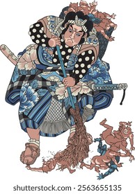 Utagawa Kuniyoshi's ukiyo-e Sakata Kintoki'' depicts Sakata Kintoki, a hero of the Heian period and a vassal of Minamoto no Yorimitsu. Sakata Kintoki made a name for himself before the Genpei War, and