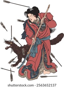 Utagawa Kuniyoshi's ukiyo-e Tametomo Ten Masters'' is a work that focuses on Minamoto no Tametomo, and particularly emphasizes his loyalty, bravery, and dignity as a warrior. Minamoto no Tametomo was 