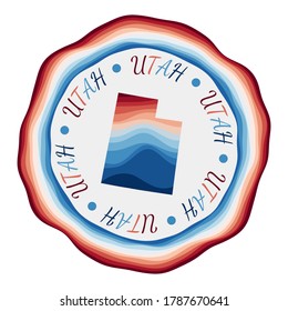 Insignia de Utah. Mapa del estado de estados unidos con bellas olas geométricas y vibrante marco azul rojo. Logo de Utah. Ilustración vectorial.