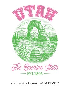 Utah The Beehive State - Estados Unidos Cityscape T-shirt Vetor, Ícones americanos de referência, Vintage Estados Cityscape Camisa, Retro Travel City Art, Estados Citações de referência, Estado de férias Ilustração
