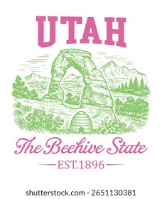 Utah The Beehive State - US State Vintage T-shirt Vector, USA States Cityscape Landmark Icons, American State Typography Shirt, USA Skyline Clipart, Retro travel city illustration
