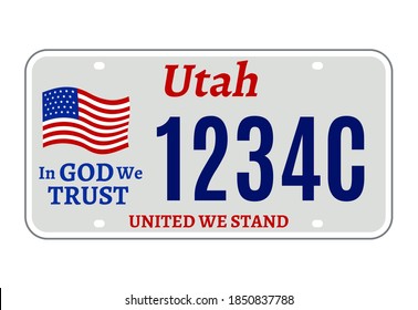 Utah car license plate USA number vector retro sign. American Utah state plate license