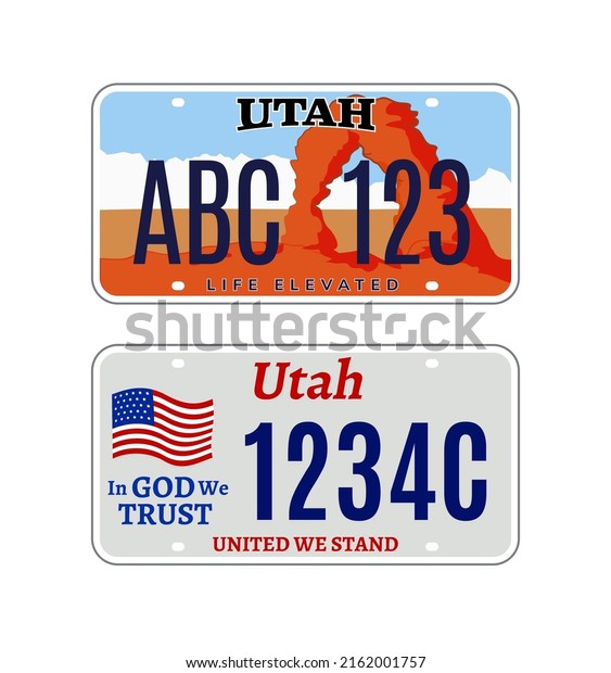 Utah car license plate USA number vector\
retro sign. American Utah state plate\
license