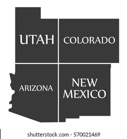 Utah - Colorado - Arizona - New Mexico Map labelled black illustration