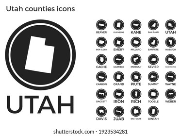 Utah counties icons. Black round logos with US state counties maps and titles. Vector illustration.