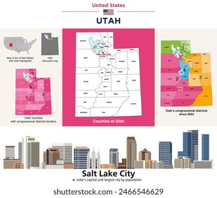 In: Utah Counties Map and at-groß Congressional District Map. Die Skyline von Salt Lake City (Hauptstadt und bevölkerungsreichste Stadt des Bundesstaates). Vektorgrafik