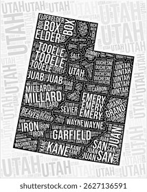 Utah counties map word cloud. Utah region names. Black and white map design. Creative vector illustration.