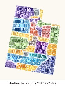 Utah counties word cloud. State logo design. Counties typography style vector image. Utah colored text cloud. Stylish vector illustration.