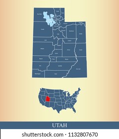 Utah county map vector outline with counties names labeled and USA map in blue background