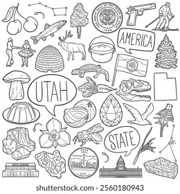 Utah Doodle Icons Black and White Line Art. USA State Clipart Hand Drawn Symbol Design.Illustrator Artwork.