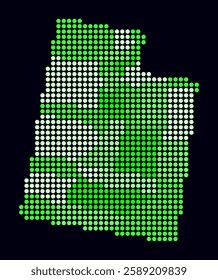 Utah dotted map. Digital style map of the state on dark background. Utah shape with circle dots. Colored dots style. Large size circles. Modern vector illustration.