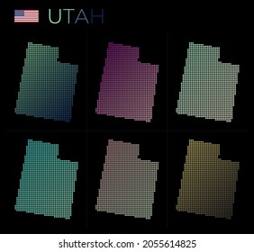Utah dotted map set. Map of Utah in dotted style. Borders of the US state filled with beautiful smooth gradient circles. Radiant vector illustration.