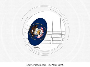 Utah flag on rugby ball, lined circle rugby icon with ball in a crowded stadium. Vector sport emblem on abstract background.