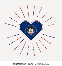 Utah heart with flag of the US state. Sunburst around Utah heart sign. Vector illustration.