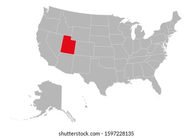 Utah highlighted red color on USA map. Gray background. USA political map.