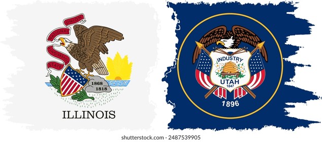 Utah and Illinois states grunge brush flags connection, vector