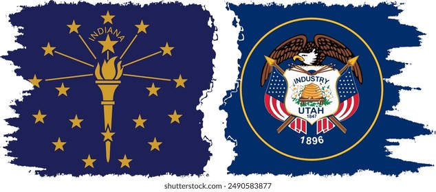 Utah and Indiana states grunge brush flags connection, vector