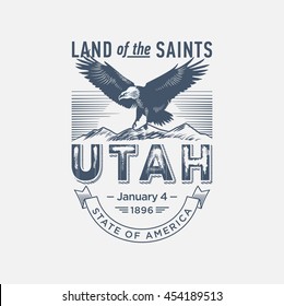 Utah Land Of The Saints, A Stylized Emblem Of The State Of America, Eagle, Blue Color