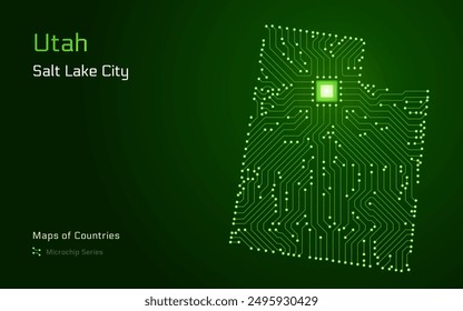 Mapa de Utah con una capital de Salt Lake City mostrado en un patrón de microchip. Gobierno electrónico. Mapas de Vector de los Estados Unidos. Serie Microchip	
