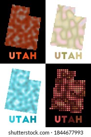 Utah map. Collection of maps of Utah in a dotted style. Borders of the US state filled with rectangles for your design. Vector illustration.