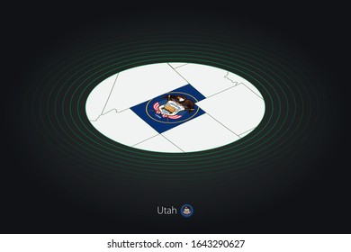 Utah map in dark color, oval map with neighboring US states. Vector map and flag of US state Utah