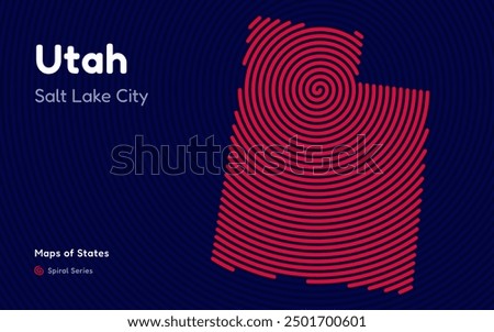 Utah Map in Spiral Formation: Salt Lake City Takes Center Stage. Fingerprint and stripes pattern. American states maps