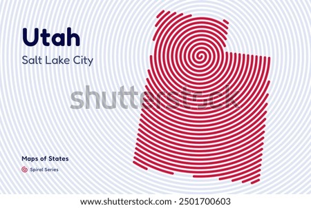 Utah Map in Spiral Formation: Salt Lake City Takes Center Stage. Fingerprint and stripes pattern. American states maps